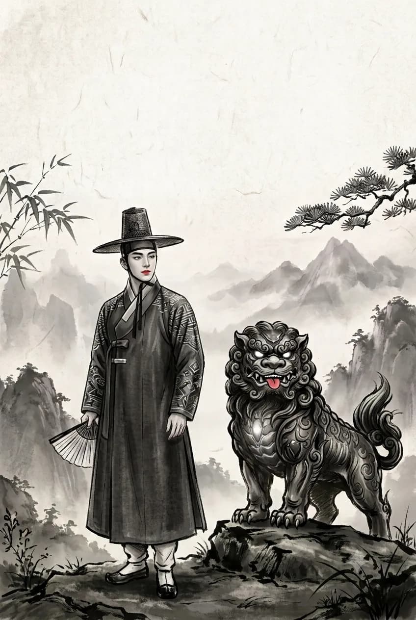Figure in hanbok standing beside a haetae guardian statue on a misty, ink-wash mountain